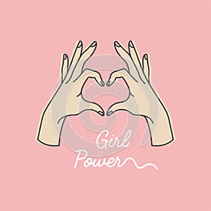 Vector linear illustration of female hands show heart silhouette. Heart shape. Concept illustration of girl power and