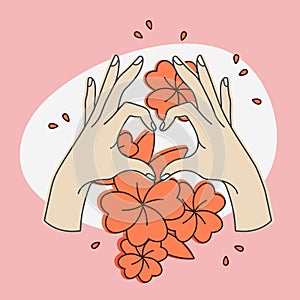 Vector linear illustration of female hands show heart silhouette. Heart shape silhouette with flowers. Concept