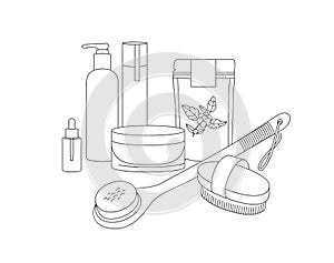 Vector linear illustration set wood dry brush for scrubbing body with coffee scrub, lotion and cosmetic cream. Beauty