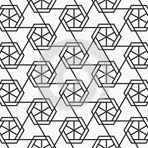 Vector linear pattern. Repeating geometric triangular grid on hexagon shape.