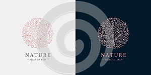 Vector linear plant logo. Circle luxury organic emblem. Abstract badge for natural products, flower shop, cosmetics