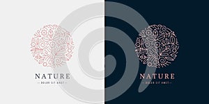 Vector linear plant logo. Circle luxury organic emblem. Abstract badge for natural products, flower shop, cosmetics photo