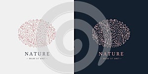 Vector linear plant logo. Ellipse luxury organic emblem. Abstract badge for natural products, flower shop, cosmetics