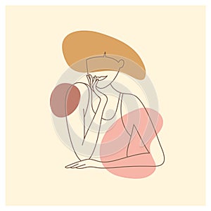 Vector linear style illustration of minimalist female portrait of smiling beautiful woman