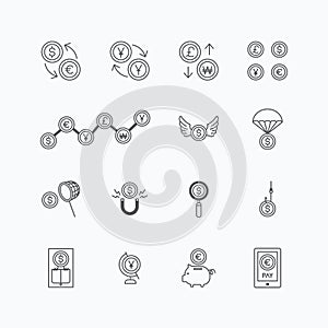 vector linear web icons set - business money currency coin concept collection of flat line design elements.