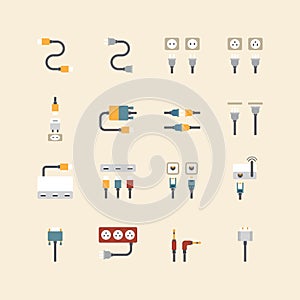 Vector linear web icons set - cable wire computer