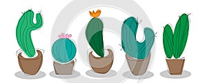 vector lineart set of cacti in pots isolated