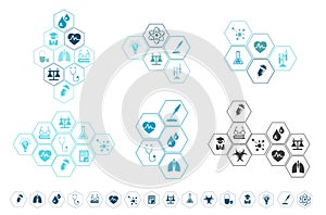 Vector lines art medical icons set with elements hexagon background blue