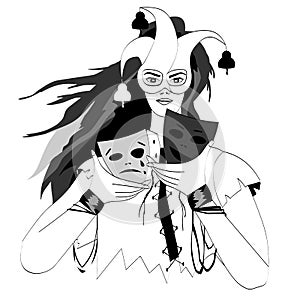 Vector lines. Girl holding mask