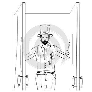 Vector lines. A man opens a door