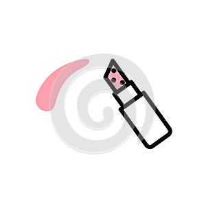 Vector lipstick icon with black stroke, white and pink fill. lipstick leaves a pink strokes on a white background