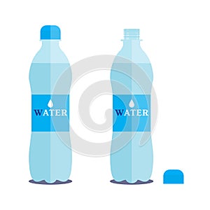 Vector 1 litre bottle of pure water on a white background. Closed and opened photo