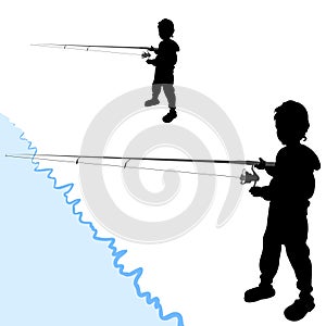 Vector little 4 - 5 year old boy fishing with a spinning rod stands on the shore of a pond, isolated on a white background