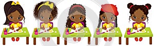 Vector cute Little African American Artists Drawing. Vector Little African American Girls photo