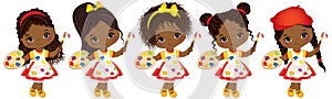 Vector cute Little African American Artists with Palettes and Paint Brushes Vector Little African American Girls photo