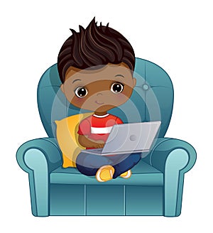 Vector Little African American Boy with Laptop