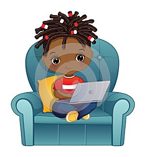 Vector Little African American Boy with Laptop