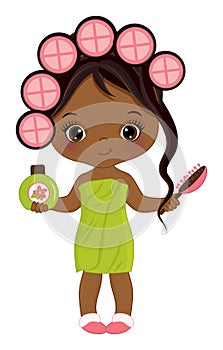 Vector Little African American Girl Wrapped in Towel and Curling the Hair. Vector Spa Girl