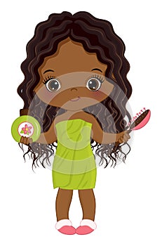 Vector Little African American Girl Wrapped in Towel. Vector Spa Little Girl