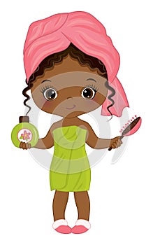 Vector Little African American Girl Wrapped in Towel. Vector Spa Little Girl