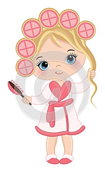 Vector Cute Little Spa Girl with Rollers and Hair Brush. Vector Spa Girl