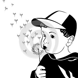 Vector little boy blowing on a dandelion