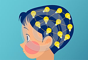 Vector of a little boy, child brain with light bulb connections