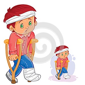 Vector little boy on a crutch with a leg in a plaster and bandaged head