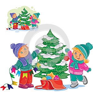Vector little boy and girl decorating a Christmas tree with balls and garlands.