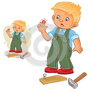 Vector little boy hammering a nail and bruised finger