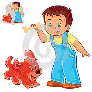 Vector little boy holding a bone in his hand and playing with his puppy.