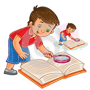 Vector little boy reading a book with a magnifying glass