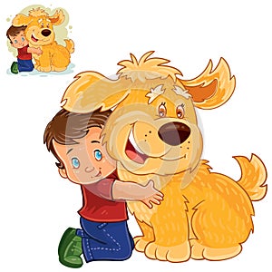 Vector little boy sitting on his lap next to a big dog and hugging his hands.