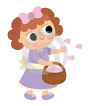 Vector little bridesmaid illustration. Cute tiny girl in purple dress throwing flower petals.