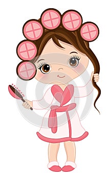 Vector Cute Little Spa Girl with Rollers and Hair Brush. Vector Spa Girl photo