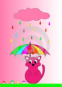 Vector The little cat is sad in the rain with a rainbow umbrella