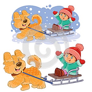 Vector little girl sitting in a sleigh who is dragging her dog.