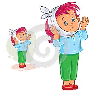 Vector little girl with toothache and warming compress