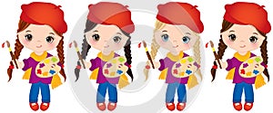 Vector Little Girls with Palette and Paint Brushes. Vector Little Artists photo