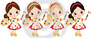 Vector Little Girls with Palette and Paint Brushes. Vector Little Artists