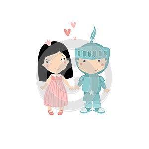 Vector little knight and little princesse holding hands.