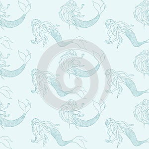 Vector little mermaids contours seamless pattern. Fantasy sirens