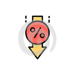 Vector loan interest rate reduction flat color line icon.