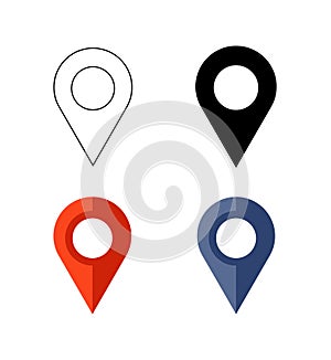 Vector location pin signs set isolated, outline, black, red and blue icons.