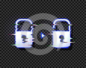 Vector Lock and Unlock Glowing Icons with Glitch Distortion Effect Isolated, Hacking Concept Illustration.