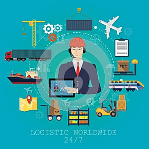 Vector logistics manager agent concept. Delivery cargo vector service illustration