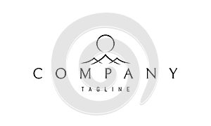 A vector logo with an abstract image of the sun rising over the mountains.