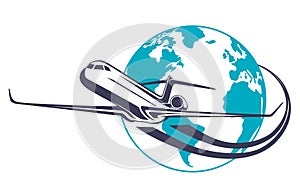 Vector logo airplane and the planet Earth