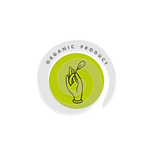 Vector logo, badge and icon for natural and organic products. Female hand holds a leaf. Symbol of healthy product