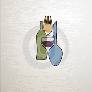 Vector logo desgin. Bottle, fork, wine glass, knife, spoon outline art. One line art glass and bottle of red wine set, hand drawn